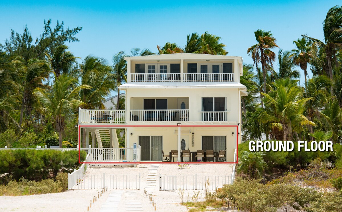 The ground floor of the villa is shown, featuring a spacious outdoor patio with seating arrangements. Lush palm trees frame the property, offering a tropical backdrop. Access to the sandy beach is visible, leading to the inviting ocean beyond.