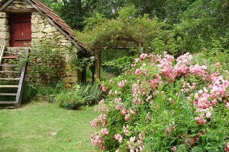 A charming stone building is surrounded by lush greenery and vibrant pink flowers. A wooden staircase leads to a red door, framed by an arched trellis covered in climbing vines. The serene outdoor space offers a natural setting ideal for relaxation.
