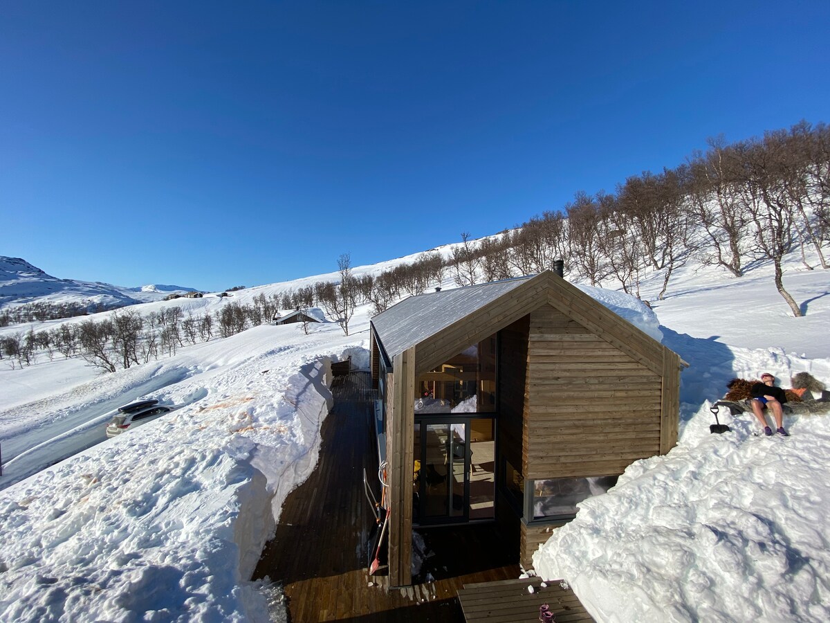A modern wooden cabin is set among a snowy landscape, with large windows reflecting the clear blue sky. Snow drifts surround the cabin, and a wooden deck extends from the entrance. Nearby, a person can be seen enjoying the winter surroundings.
