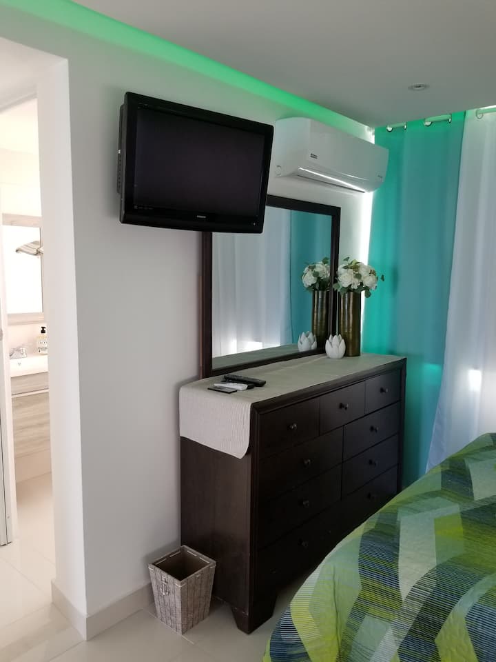Ajër i kondicionuar, televizor, komodinë, nuanca të errëta + Curtins të butë, në dhomën e dytë të gjumit "Queen Size" me banjë private.
