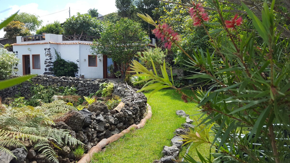 The property is surrounded by lush greenery, featuring a well-kept garden with stone borders. A charming guesthouse is positioned amidst the foliage, showcasing white walls and a terracotta roof, framed by vibrant plants and ferns. The scene is serene, reflecting a natural landscape.