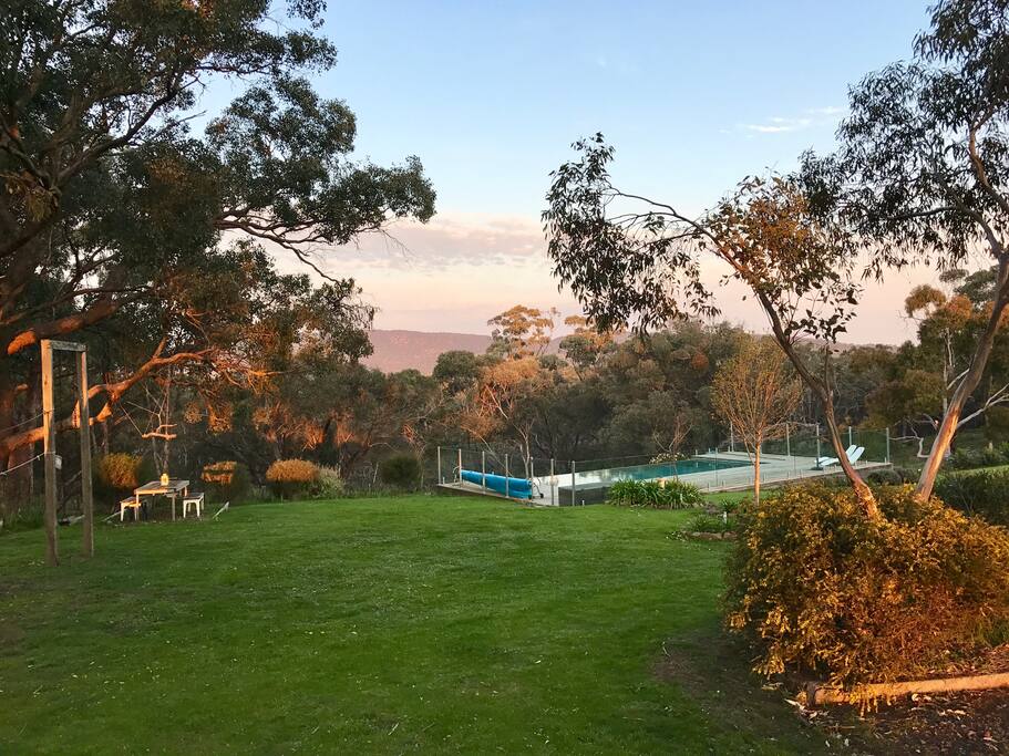 Looking from driveway towards pool and Mt Alexander in early spring