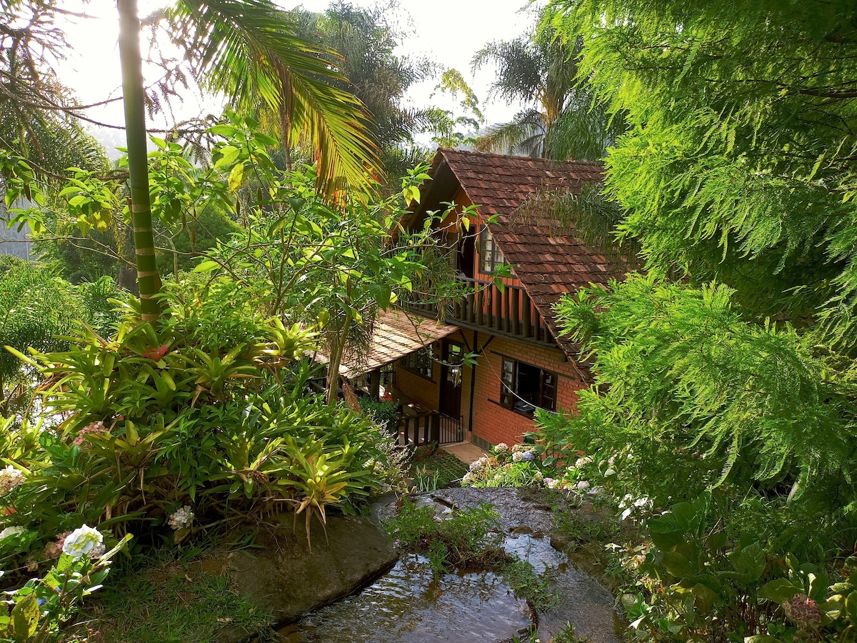 A rustic chalet is nestled among lush greenery and vibrant plants, characterized by a sloped roof and wooden balcony. A gentle stream meanders alongside, enhancing the natural setting. Sunlight filters through the leaves, creating a serene and inviting ambiance around the property.