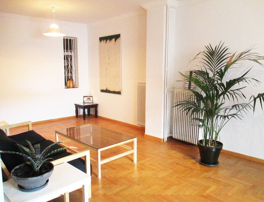 Another view of the living room. A one person fold-up type bed is placed in the living room for a seventh guest.