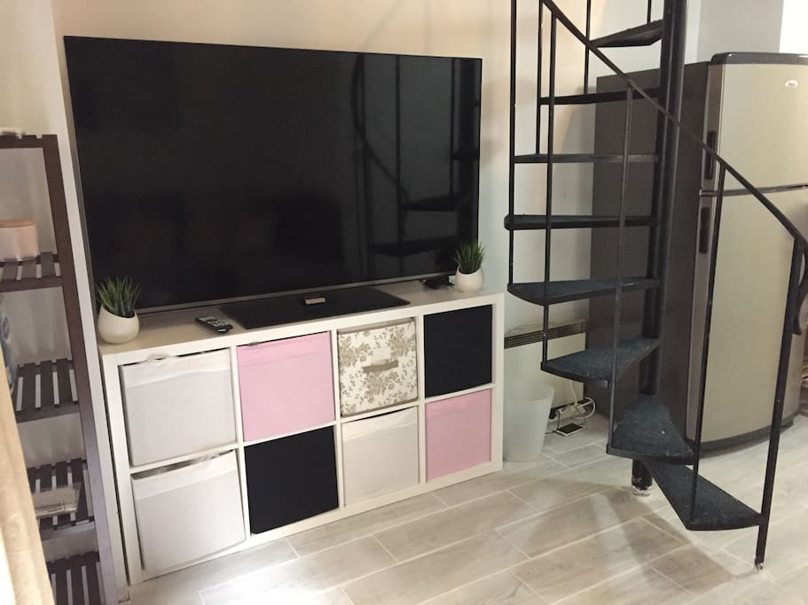 TV + stairs to access the bedroom