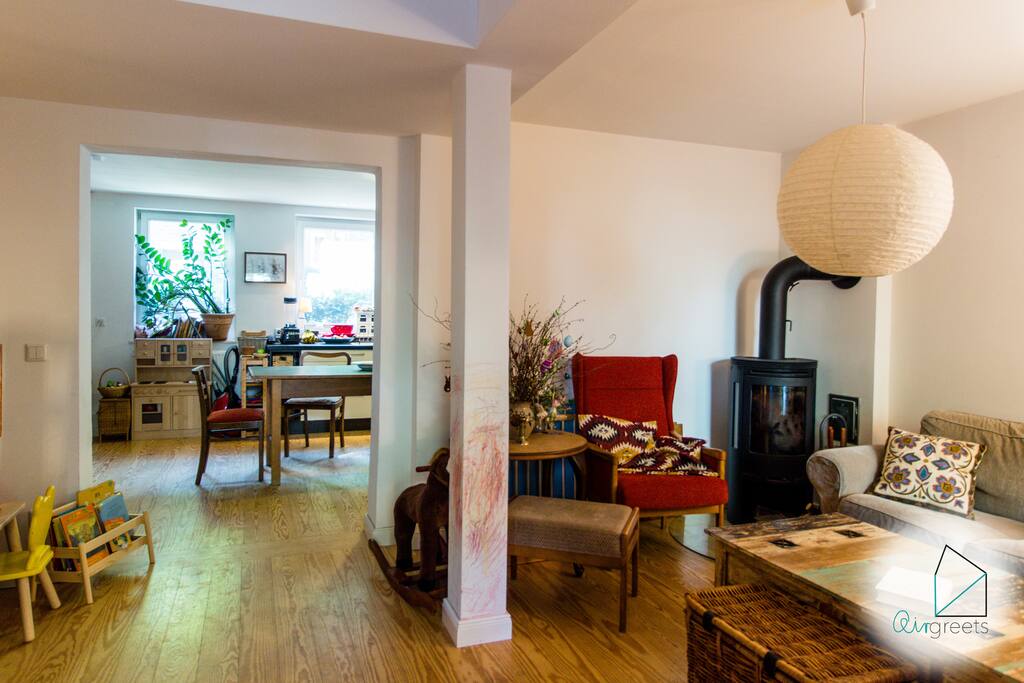 Relax in the living room near the fireplace.