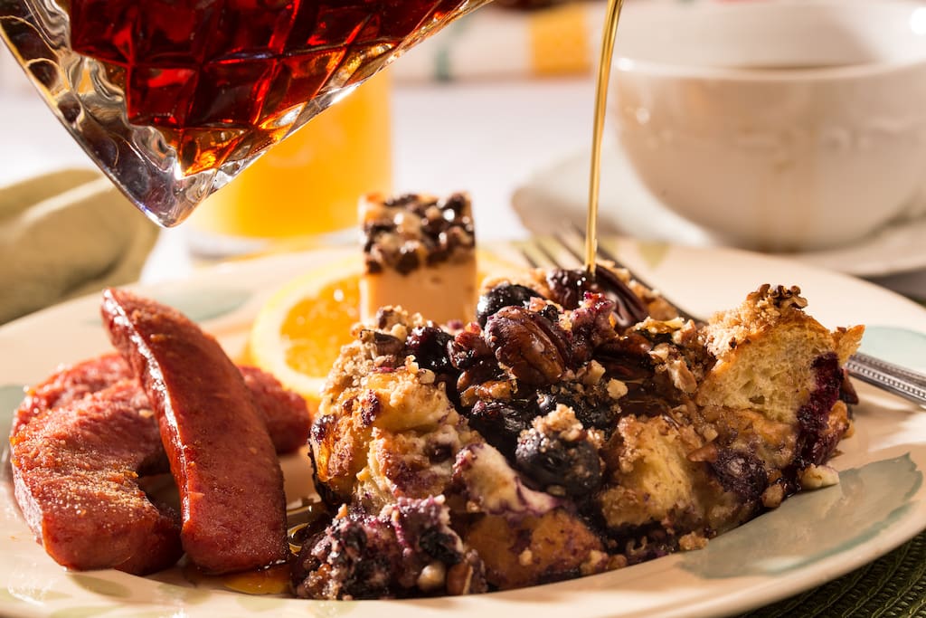 Blueberry French Toast Strata with smoked sausage