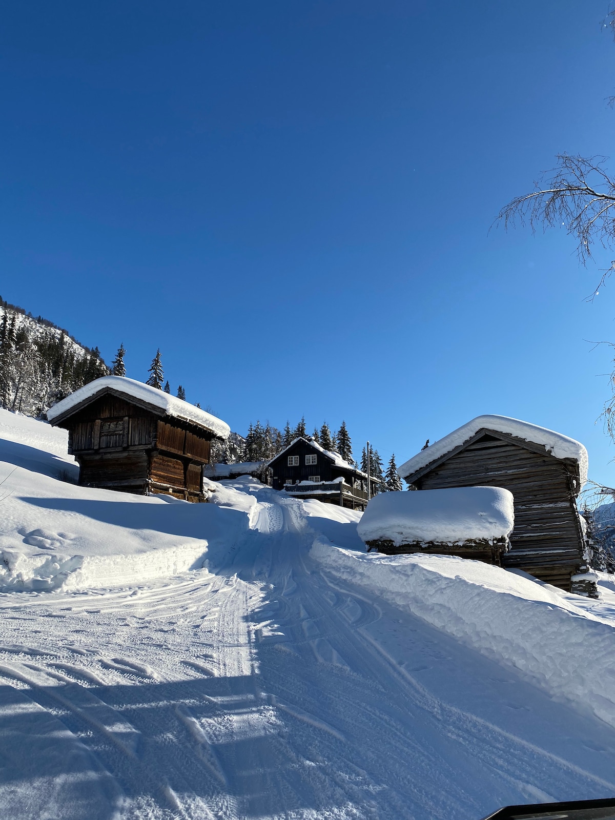 A charming winter scene depicts a snow-covered pathway leading up to a traditional wooden house and two smaller structures. The clear blue sky provides a bright backdrop, while the snow blankets the landscape and roofs, enhancing the serene atmosphere of the setting.