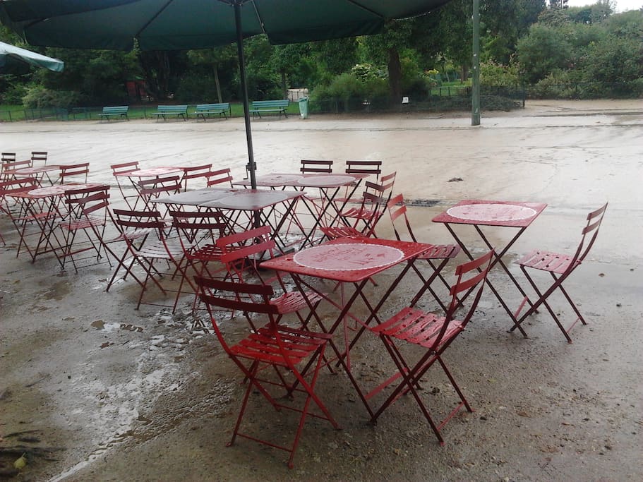 champs de mars little cafe on a rainny day with the red chairs