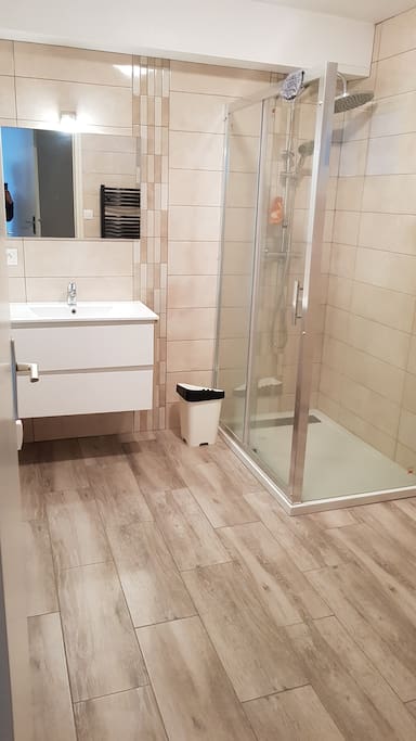Salle de Bains, grande douche et sèche serviettes