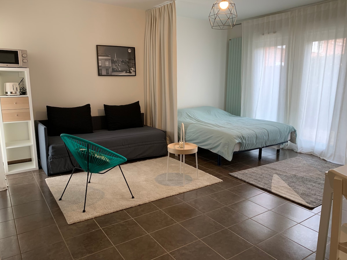 A spacious studio is illuminated by natural light from large windows. A comfortable sofa bed is positioned alongside a double bed with light bedding. A small round table sits on a light rug, while a kitchenette is visible in the background, featuring essential appliances.