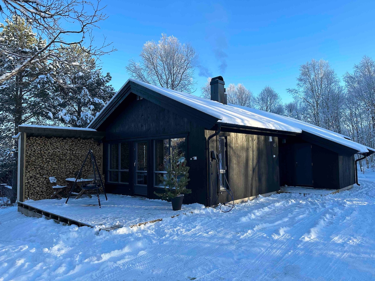 A modern cabin rests in a snowy landscape, surrounded by trees. The dark exterior contrasts with the snow, and firewood is neatly stacked beside a seating area with a swing. Smoke rises from the chimney, suggesting warmth inside.
