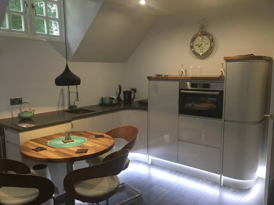 Close up of kitchenette (microwave, kettle, induction cooker, mini-cooler)