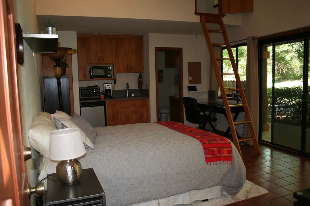 Kitchenette with microwave, toaster oven, induction cooktop and coffee maker. Twin bed in loft.