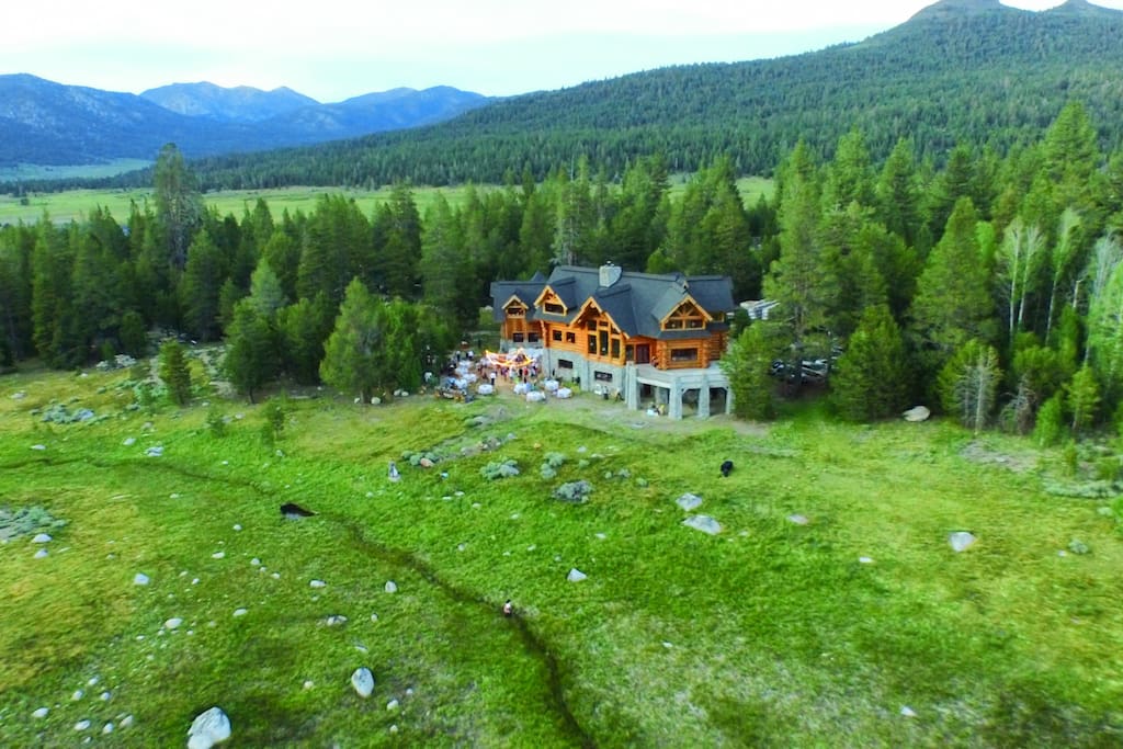 Aerial view of the lodge in early summer. Enjoy fantastic hiking, biking and fishing right from the lodge, and gorgeous kayaking in nearby mountain lakes.