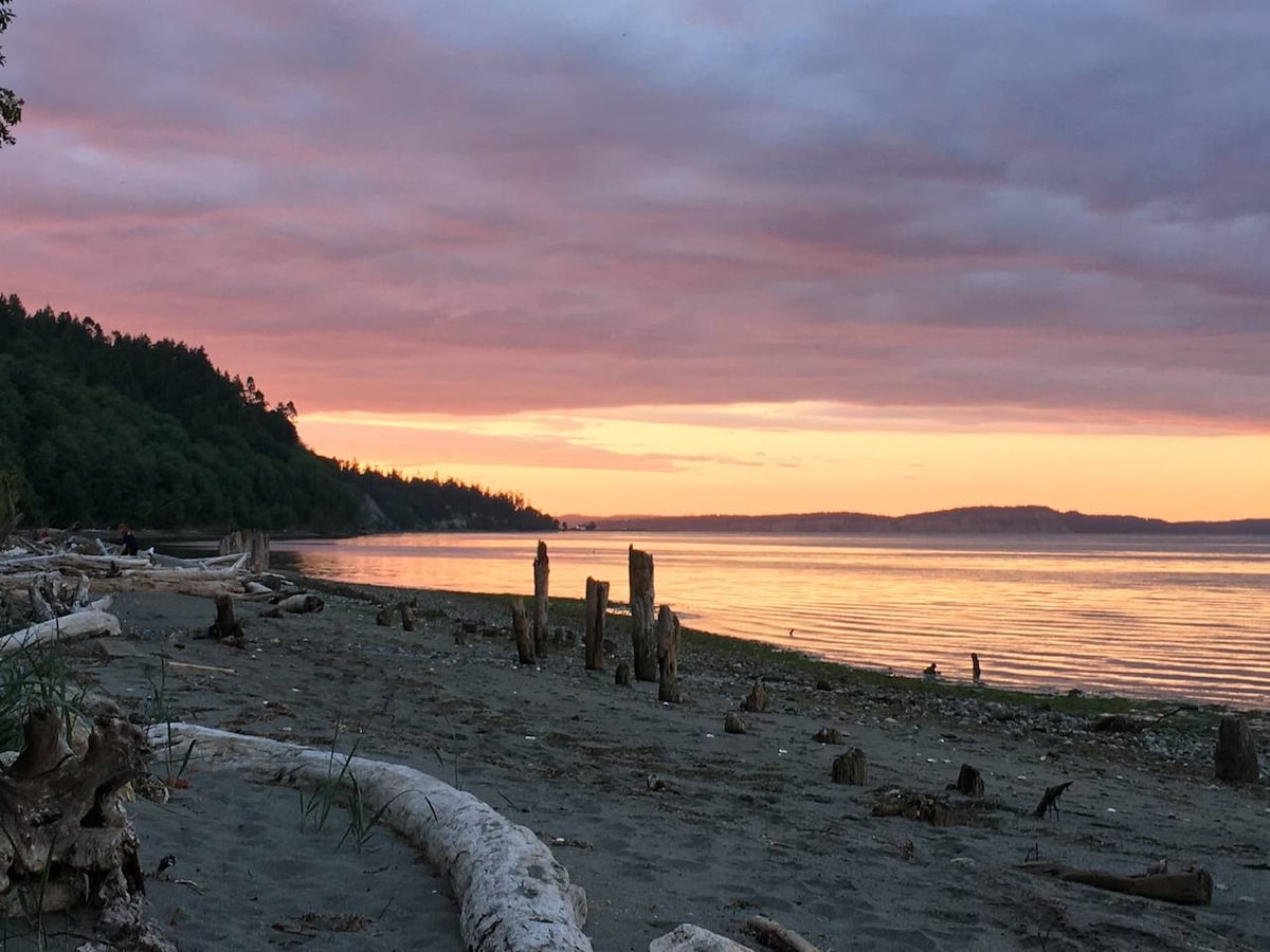 A serene beach scene is captured during sunset, displaying soft pink and orange hues in the sky. The shoreline is lined with driftwood and smooth pebbles, with gentle waves lapping at the sand. Lush greenery is visible in the background, enhancing the natural landscape.