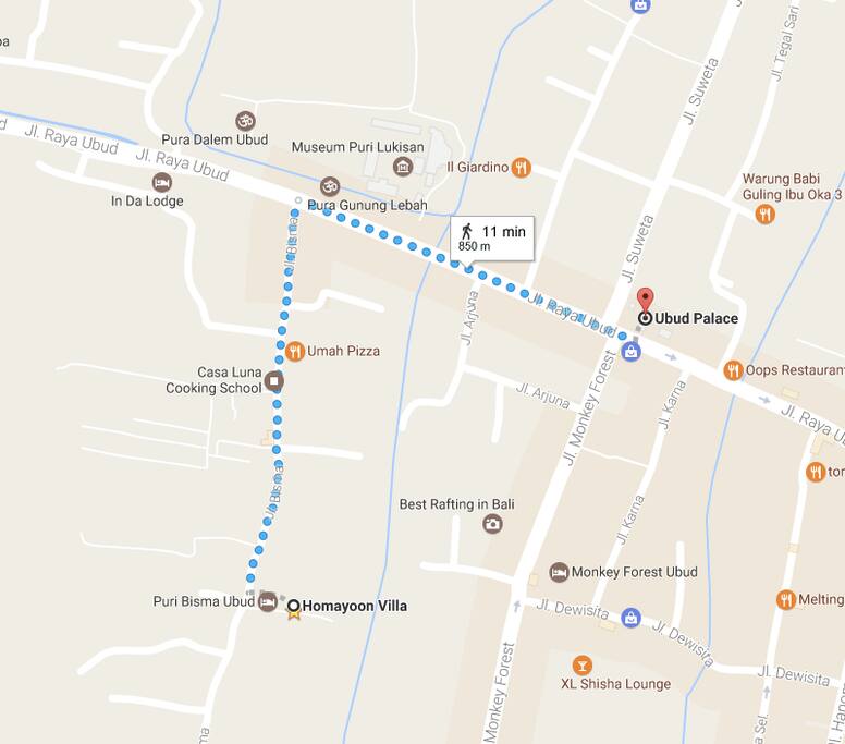 direction to Ubud center from Homayoon Villa