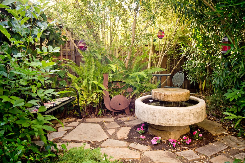 Meditation Garden with fountain, bench and bistro table