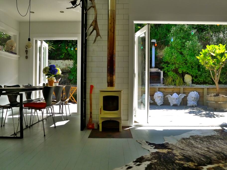 Bright and airy, ot belly stove for the chillier nights or even just for effect!