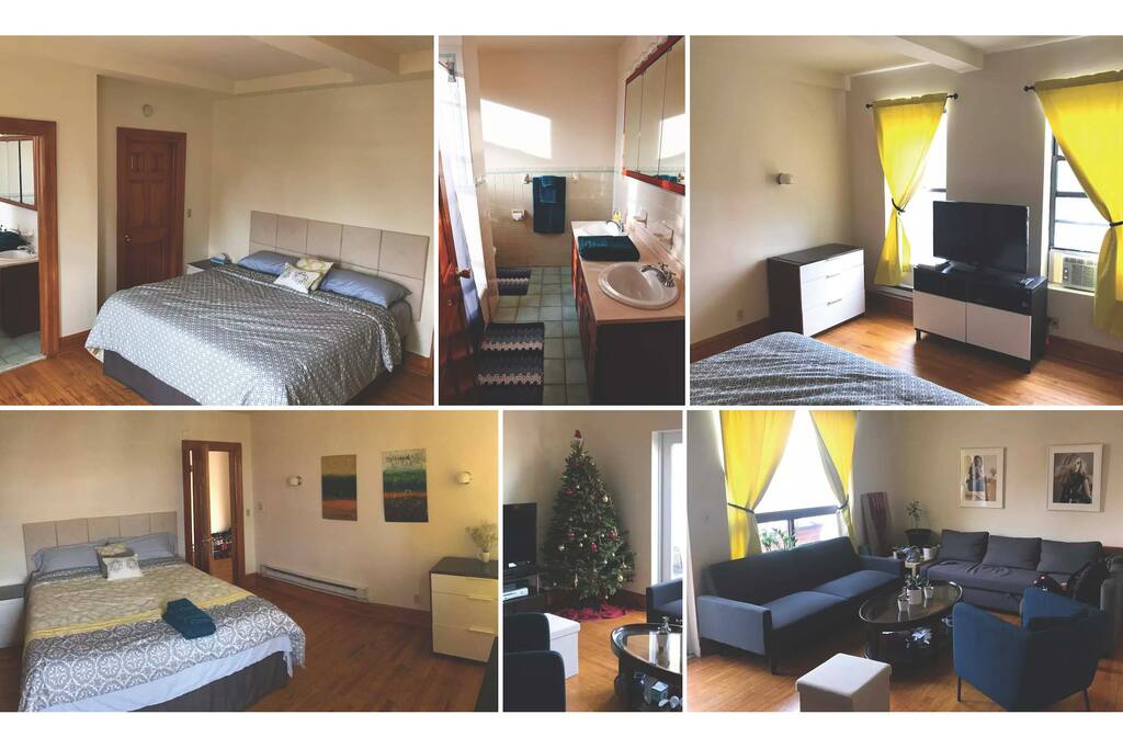 A little preview of the spacious, yet warm and cozy living space we have set up. From the top left: View of your Cali King mattress, your bathroom, your entertainment center equipped with Amazon Firestick. From the bottom left: a view of the artwork and dresser in your room, a picture of our christmas tree, and finally a view of our living room.