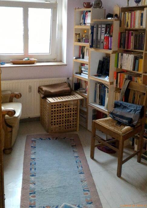 Das Schlafzimmer (Einzelbett) dient zugleich als Bibliothek.