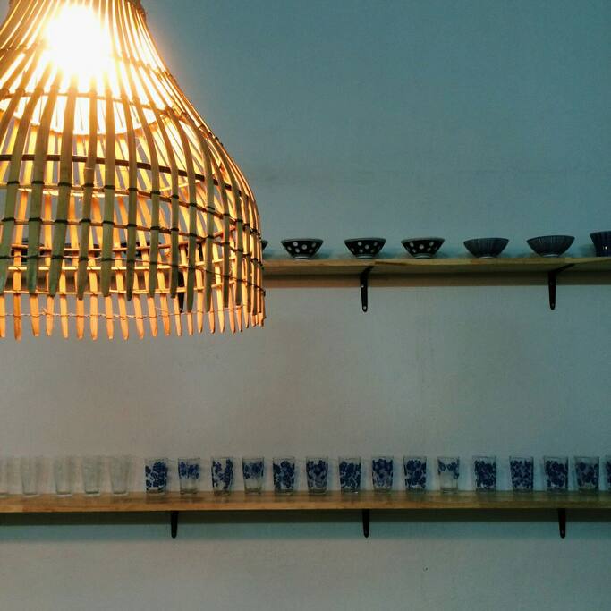 Dining area, decorated with local handmade lamp