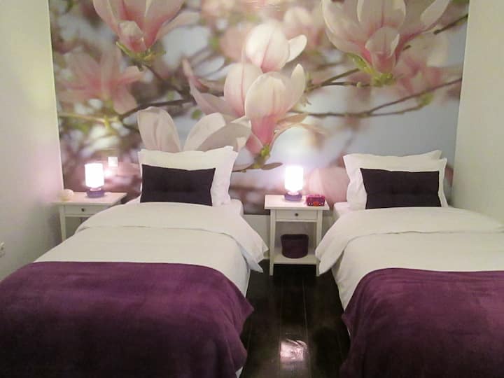 Habitación morada con 2  camas (0,90 cm x 2,00 cada una). Se proporcionan sábanas.
