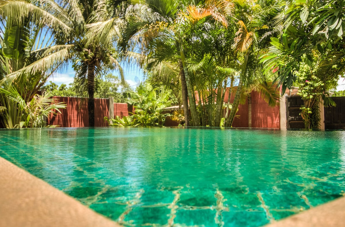 An infinity swimming pool is surrounded by lush tropical foliage and palm trees, creating a serene retreat. The turquoise water reflects natural light, with a stone edge blending into the landscaped garden. The atmosphere is enriched by the vibrant greenery in the background.