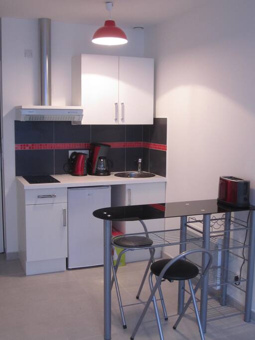 kitchenette avec plaques vitrocéramique, micro ondes, frigo et tout le nécessaire de cuisine