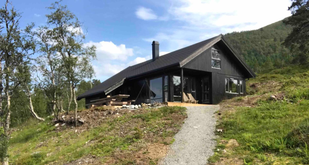 A contemporary black cabin is situated on a gentle slope, surrounded by greenery. Large windows offer views of the landscape, while a well-maintained path leads to the entrance. A wooden deck features a seating area, inviting guests to enjoy the outdoor setting.