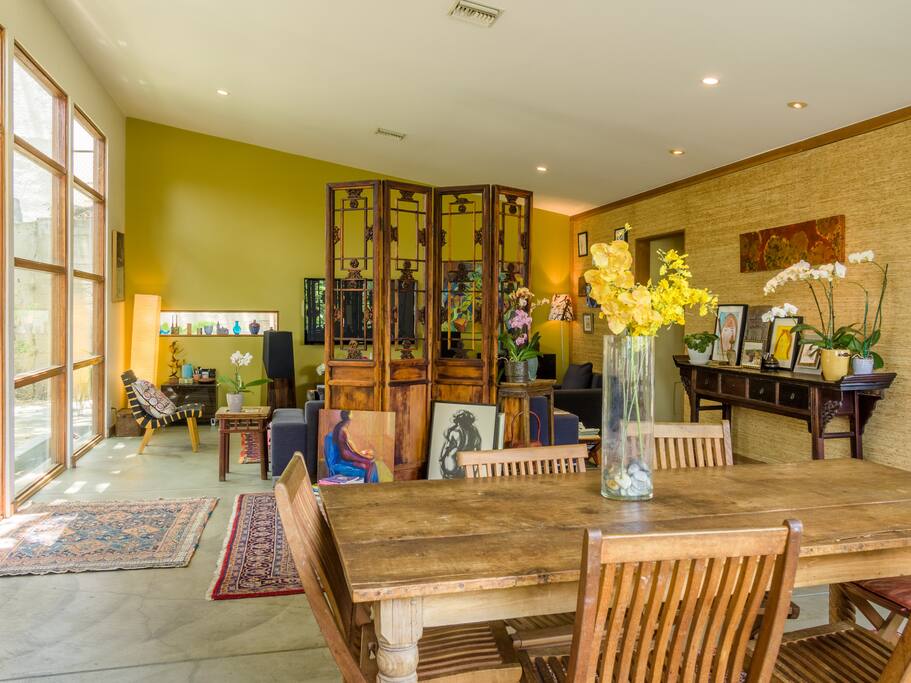 View from dining-room table towards TV sofa area