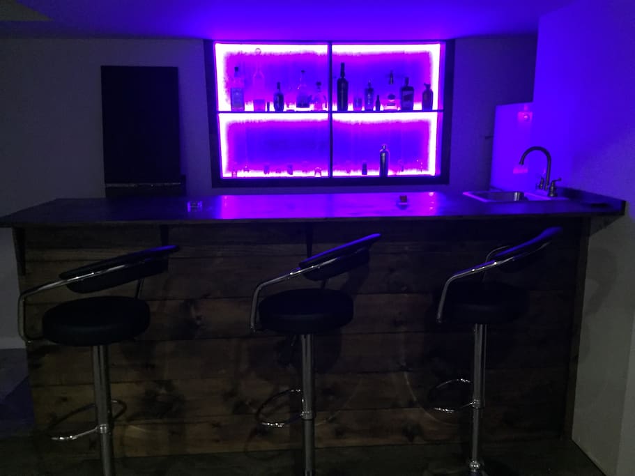 Bar with LED lights (choose your colour) and fridge with freezer.
