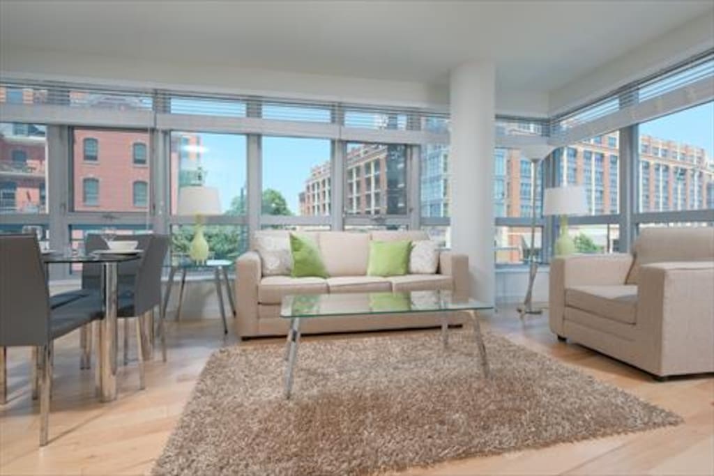 Comfortable living room with pullout sofa bed and club chair