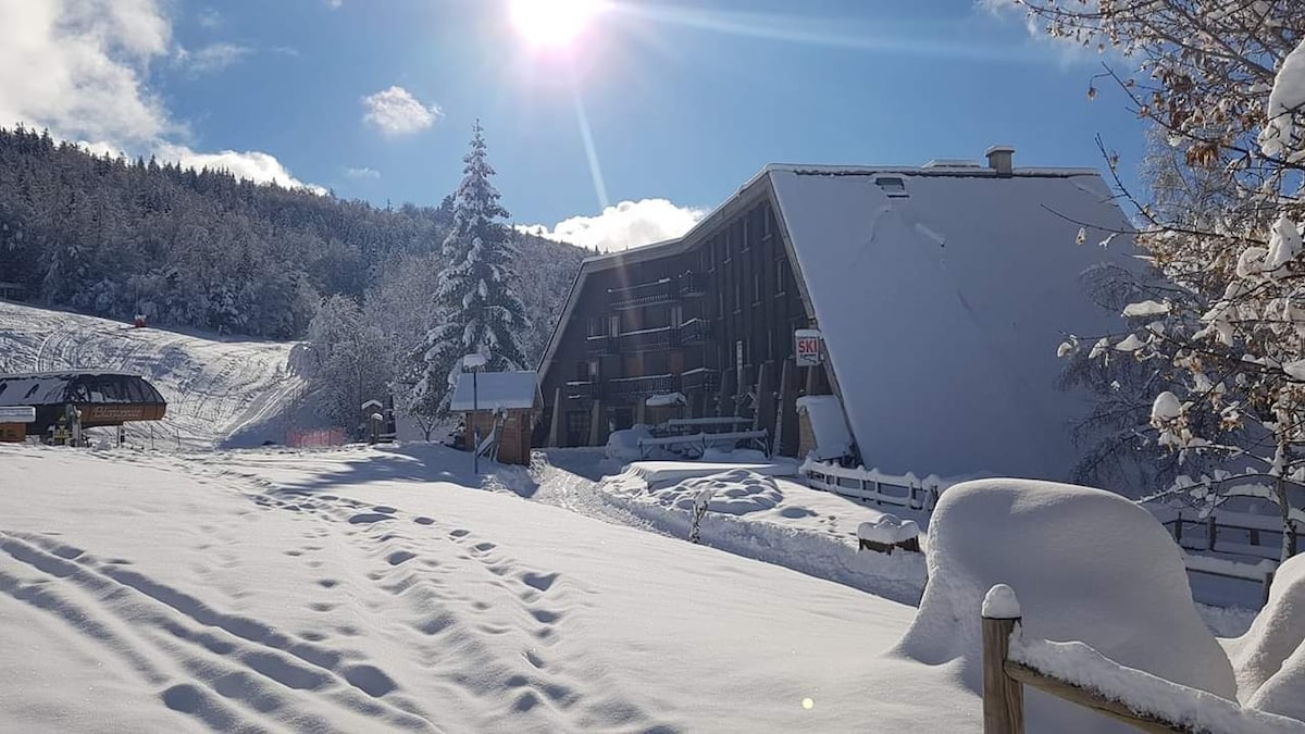 A snowy landscape surrounds a modern mountain residence, with a sloping roof and multiple levels visible. Sunlight reflects off the snow, highlighting the serene atmosphere. A forest of snow-covered trees stands in the background, complemented by gentle ski slopes.