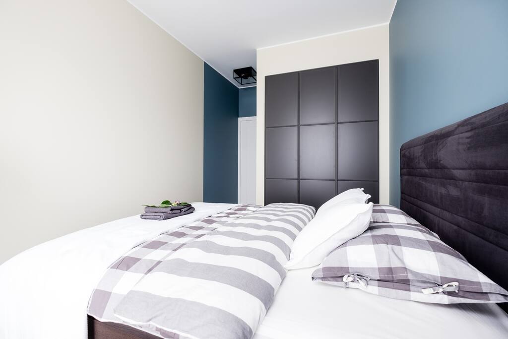 Comfortable king size bad, big wardrobe.