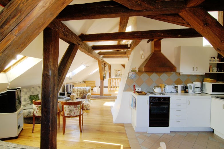 A spacious loft is illuminated by natural light from multiple skylights. A well-equipped kitchen with modern appliances is positioned alongside a dining area featuring wooden beams. Comfortable seating is arranged nearby, enhancing the open layout that promotes a relaxed atmosphere.