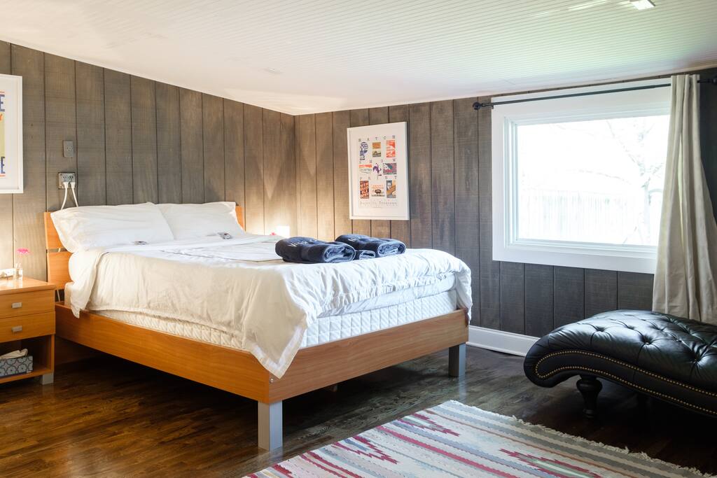 Your queen sized bed, with memory foam mattress and fresh white sheets/pillows