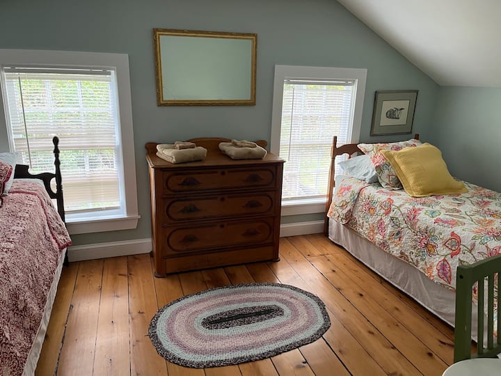 Forest room - two twin beds and small child size desk. Forest view.