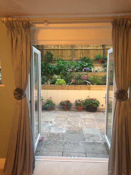 Double doors from living room onto patio