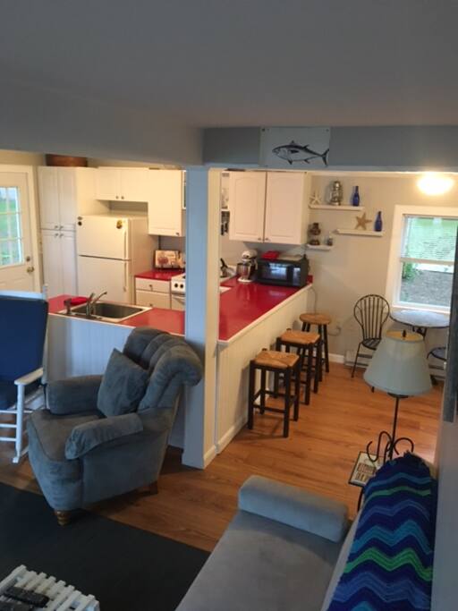Living room with pull out sofa and cable tv. French doors to deck.
