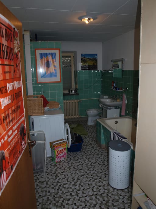 The shared bathroom with bath tub and washing machine.