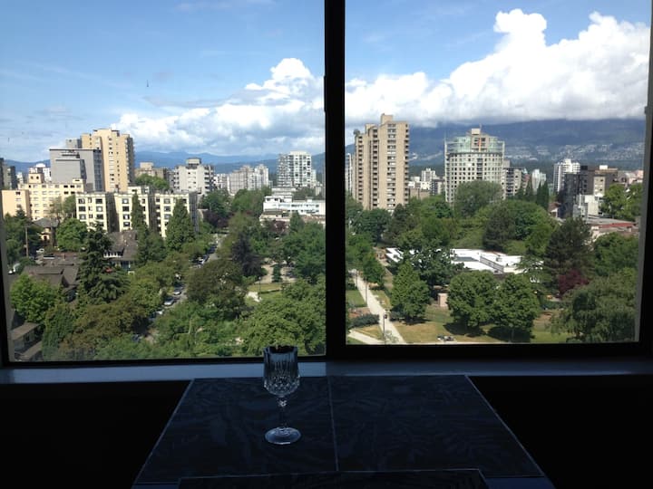 View to the west from the eating area over Nelson Park and 19th century houses on the left side.