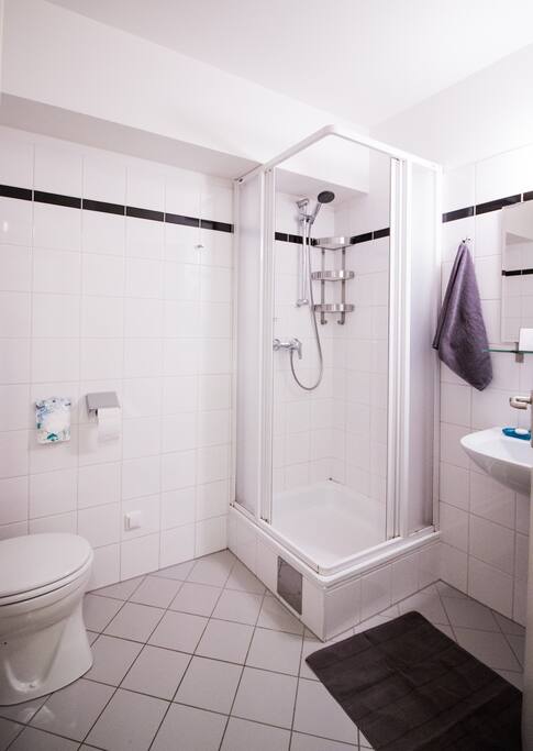 Bathroom with shower cabin (fresh towels provided free of charge)