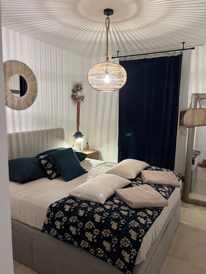 Lit 160x200 
Gran armario en la habitación 
Sistema de climatización 
Puerta de ventana que da a la terraza 