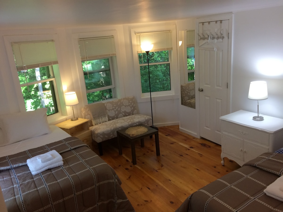 A bright sleeping area features two beds with neutral bedding, complemented by a small sofa and a coffee table. Natural light enters through multiple windows, while a standing lamp and nightstand provide additional lighting. A mirror enhances the sense of space, and a closet is visible.