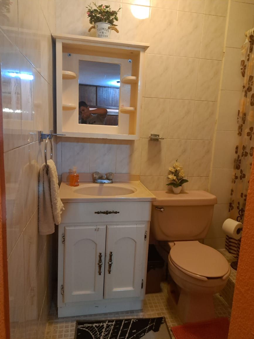 The bathroom features light-colored tiles and a compact layout. A white vanity with storage space and a framed mirror is positioned above the sink. A beige toilet and a shower curtain with a patterned design enhance the space, complemented by small decorative plants.