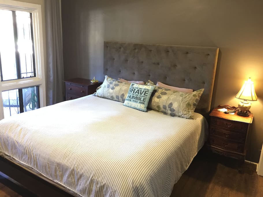 Your yummy KING bed with a new pillow-top mattress, bamboo sheets and four lush pillows! Plus, a new ceiling fan to ensure you stay comfy!