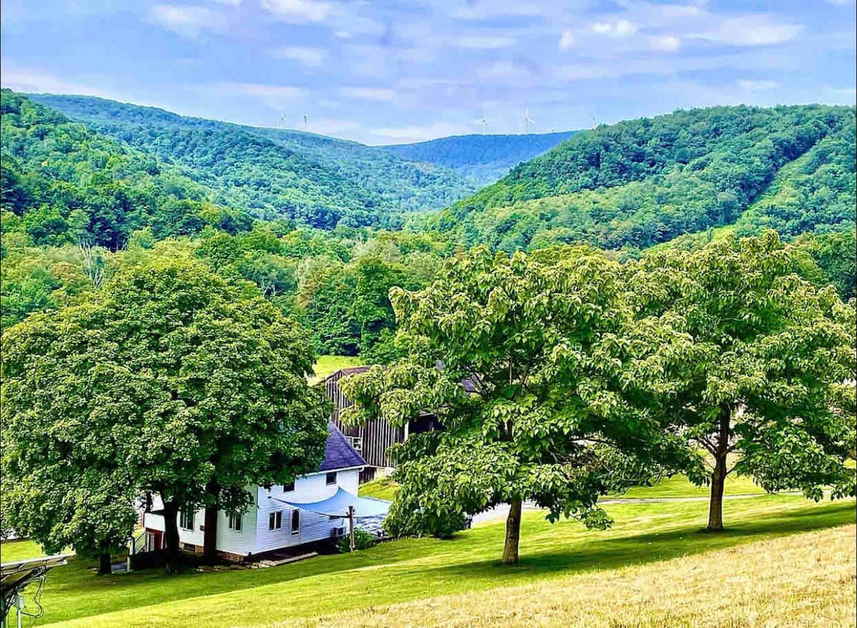 A scenic view captures a white farmhouse amidst expansive green fields and lush trees. Rolling hills and dense forests can be seen in the background under a cloudy sky, creating a peaceful rural atmosphere.