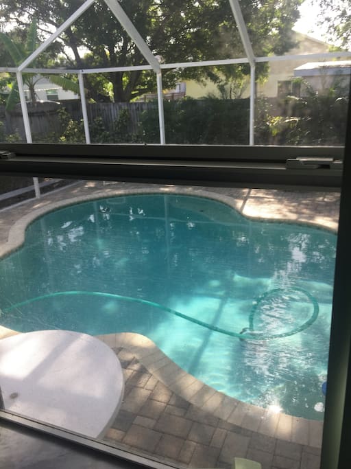Pool is 3-5 ft deep. Has a solar heater. Actually can get so warm in the summer that I turn off the heat.