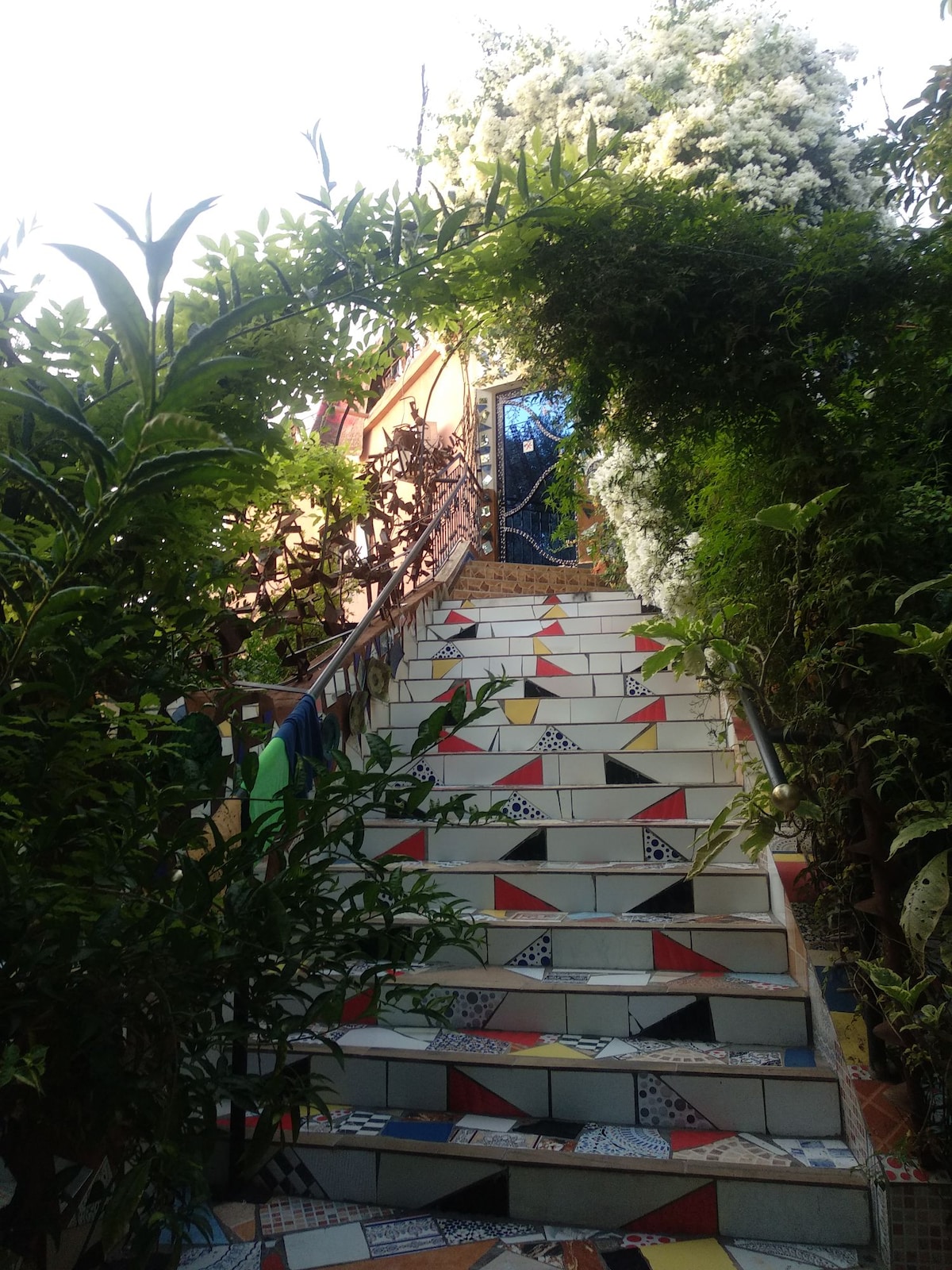 A colorful staircase, adorned with a mosaic of vibrant tiles, leads upward through lush greenery. The path is framed by flourishing plants, while an ornate gate at the top provides a glimpse of the inviting space beyond.